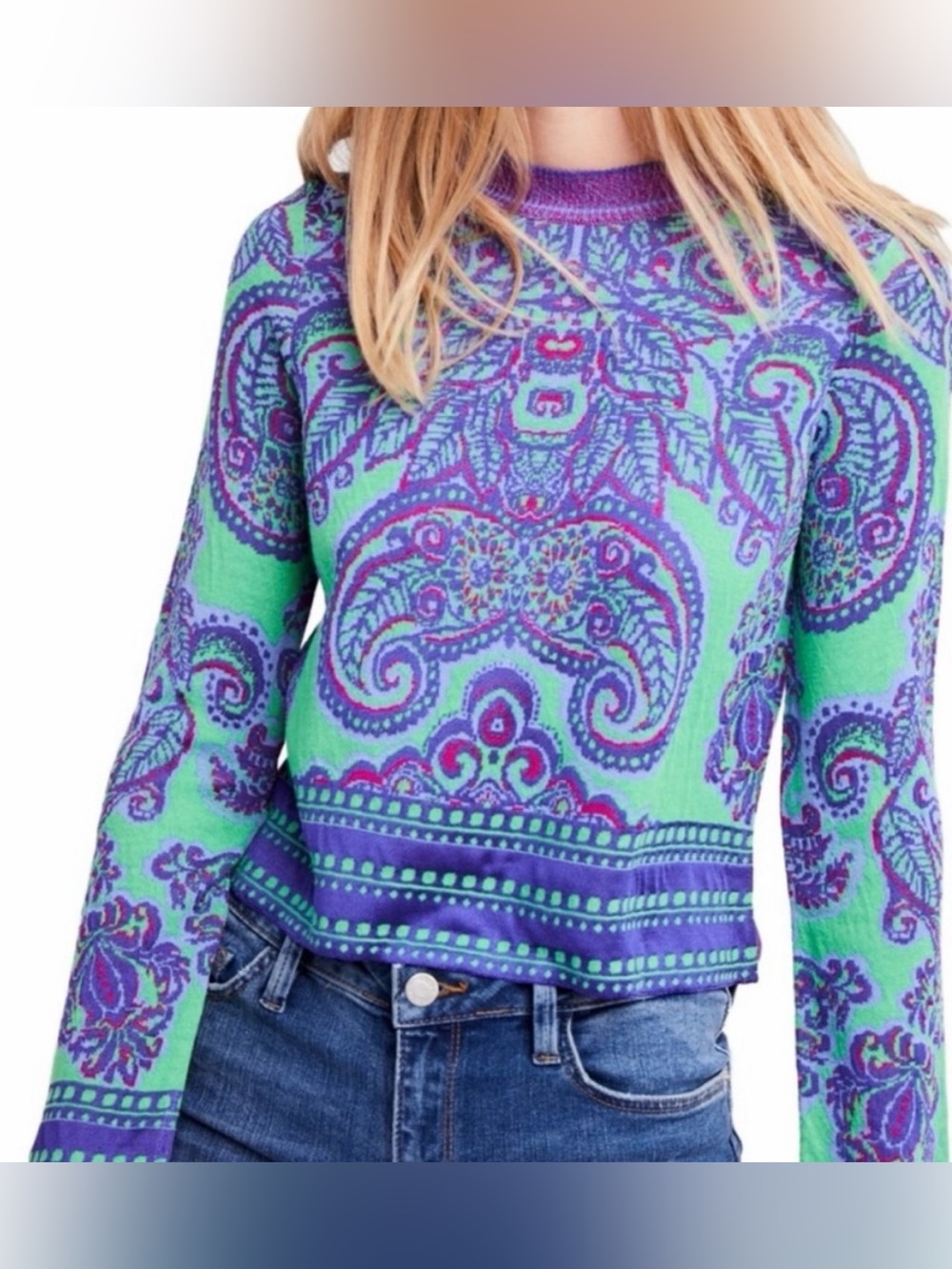Free People Green and Purple Paisley and Striped Crewneck Sweater - Size XS